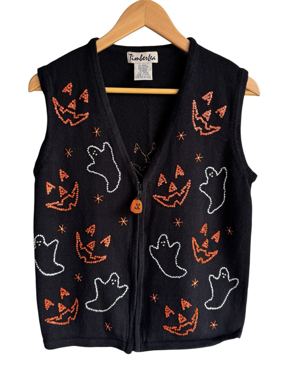 Vtg Timberlea Knit Halloween Vest Sz M Black Orange Beaded Novelty Fun Cute EUC